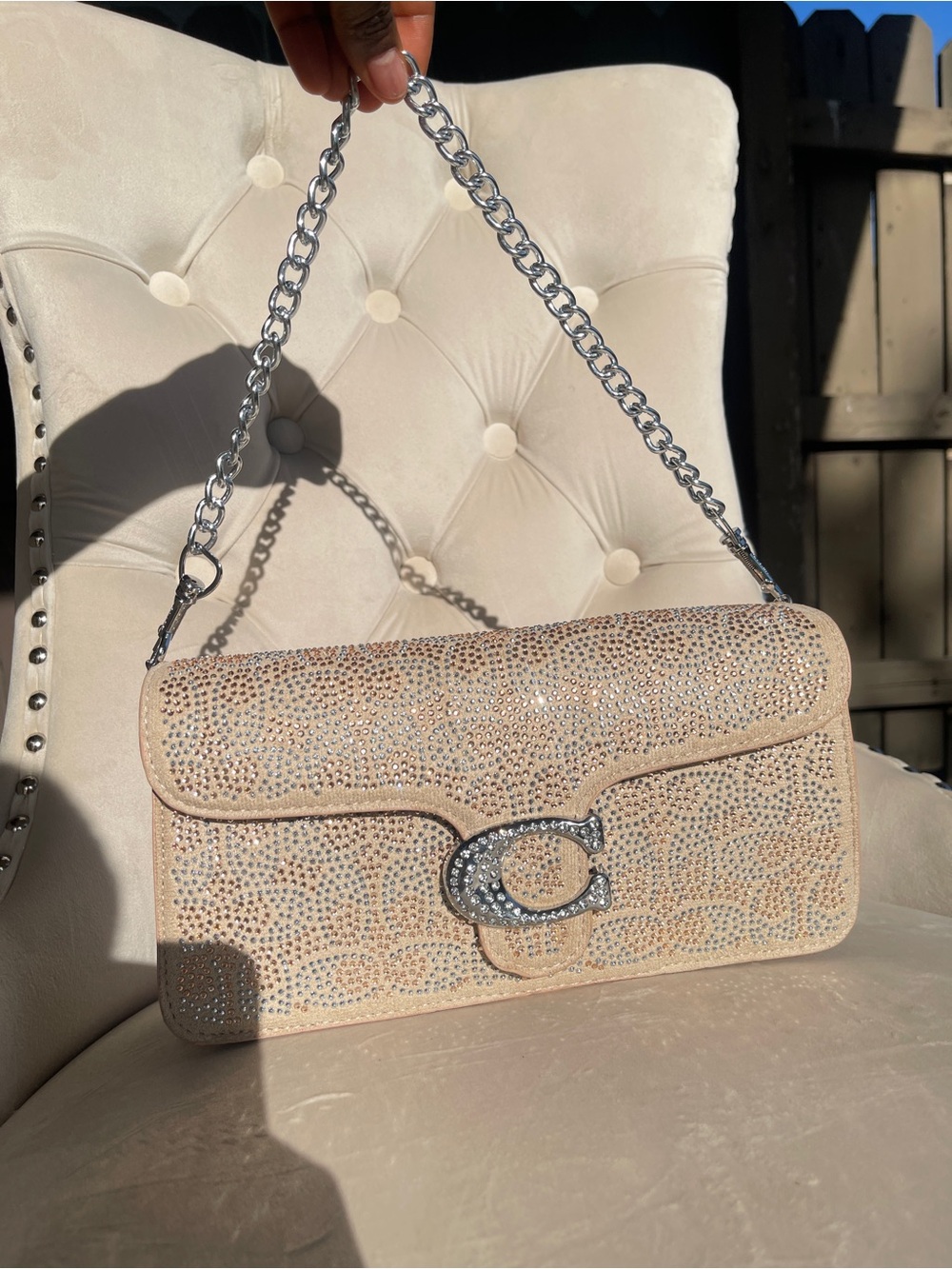 Sparkle Embellished Cream Shoulder Bag with Silver Chain
